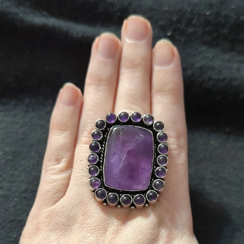 Silver Plated Purple Amethyst Gemstone  Cluster Chunky Statement Ring - Size 8